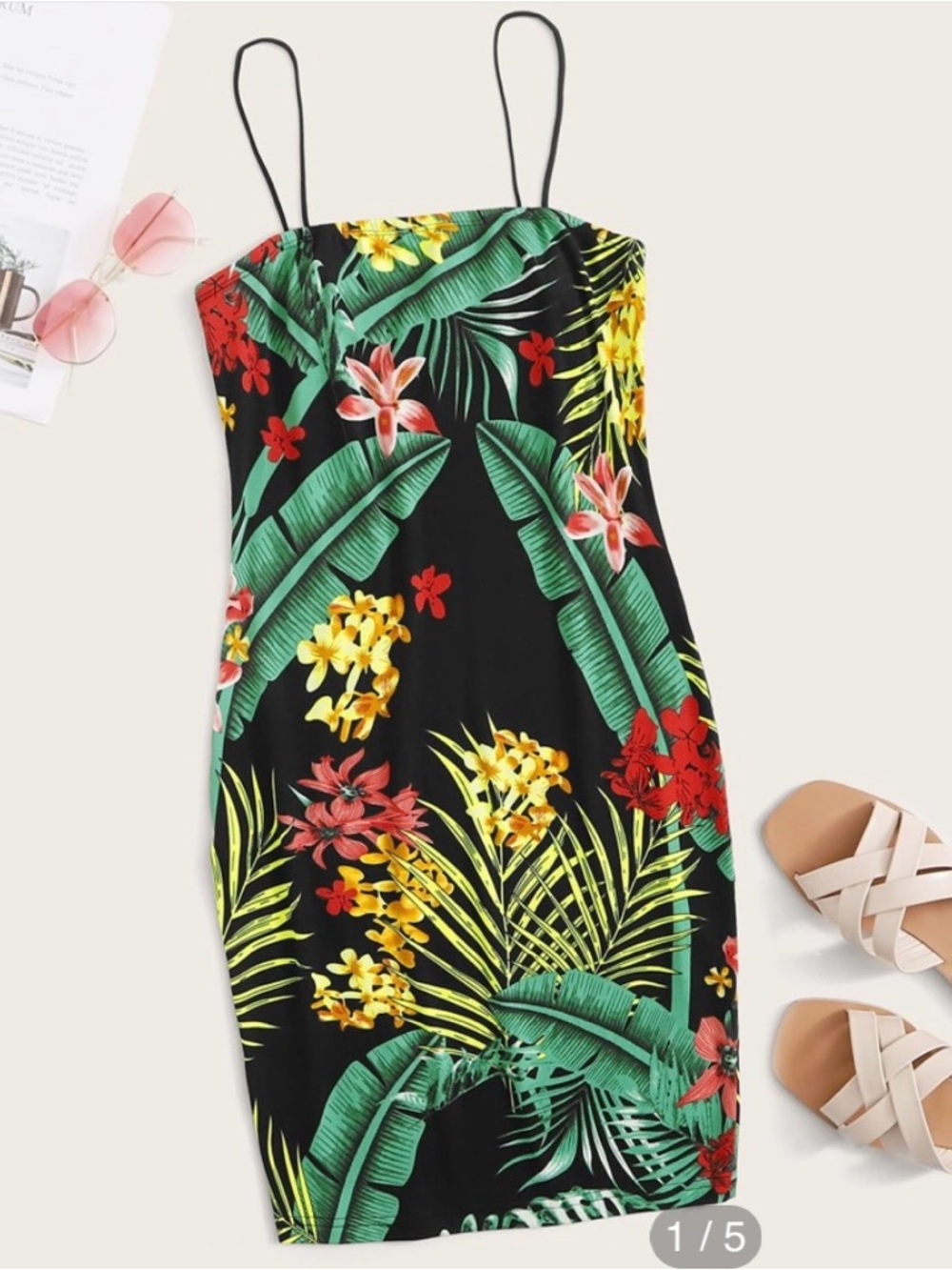 SHEIN Tropical Palm Leaf Floral Bodycon Mini Dress 🌺